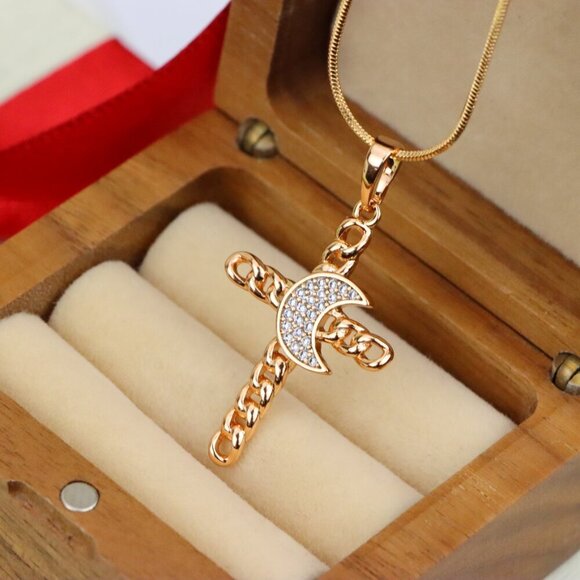 "Rose Gold Chain Cross Pendant with CZ Crescent Accent, XPPT1263 - Picture 9 of 13